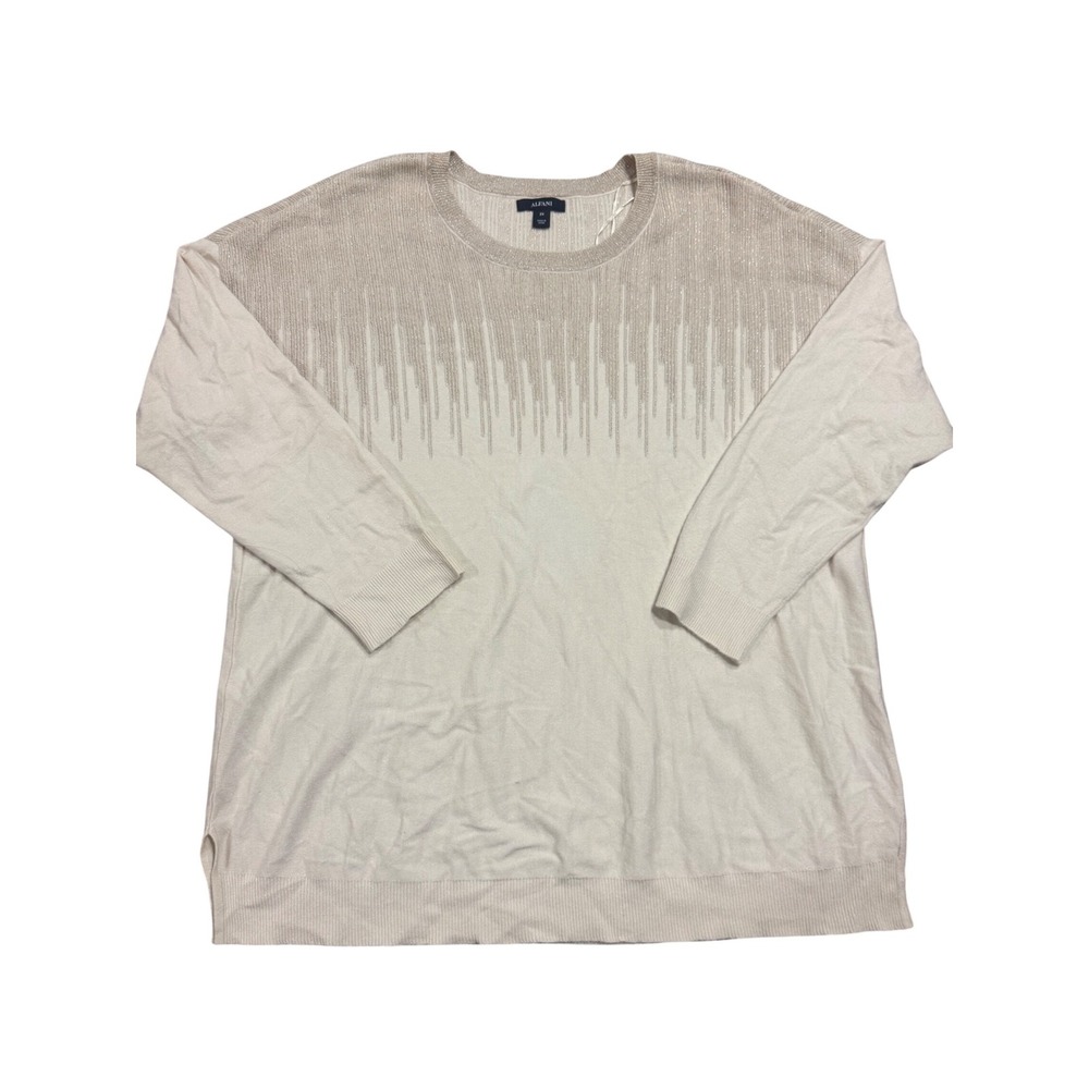 Alfani Womens 2X Cream Metallic Gold Drip Knit Sweater Crew Neck Long Sleeve